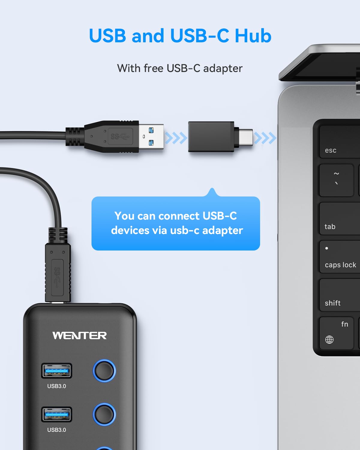 Wenter Hub USB 3.0 con alimentazione, splitter hub USB a 6 porte (4 porte di trasferimento dati più veloci + 2 porte di ricarica da 36 W) con interruttori a LED