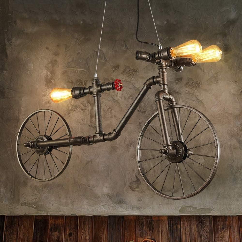 BLOOHK Industrial Bicycle Water Pipe Pendant Light, 3-Light Steampunk Bike Chandelier, Vintage Iron Metal Hanging Fixture for Coffee Shop, Bar, Restaurant