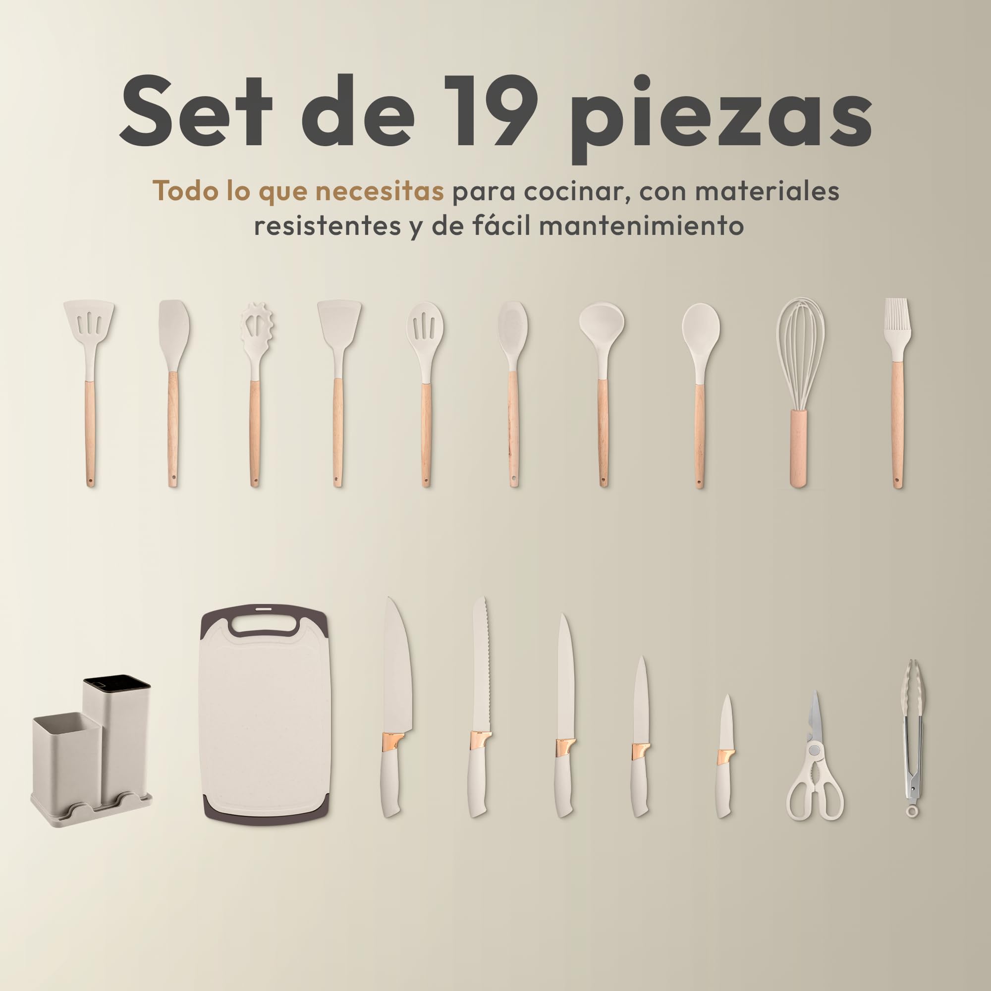 JUPPLIES Juego de Utensilios de Cocina de Silicona 19 Piezas con Cuchillos, Tijeras y Tabla de Cortar – Set Antiadherente Resistente al Calor – Apto para Todas Las Ollas y Sartenes - Beige — view 3