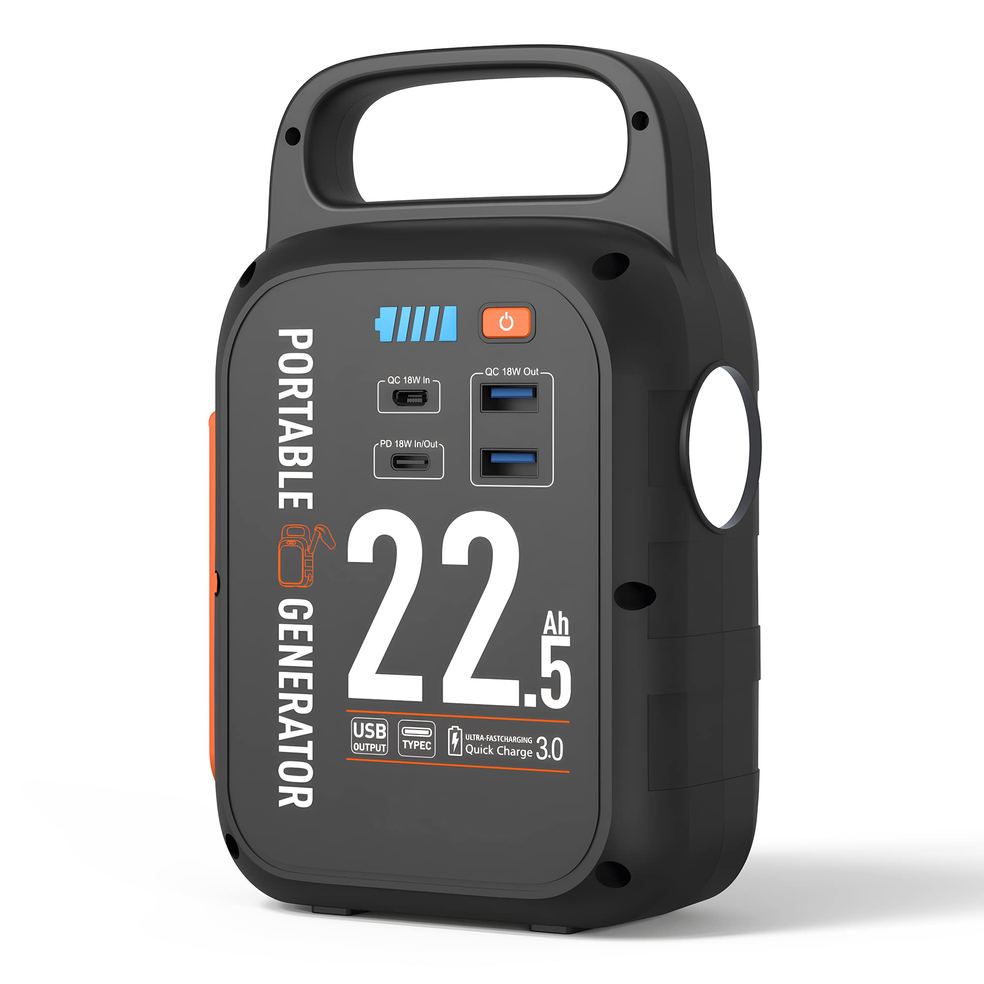 Crank Power Bank 22500mAh, 18W carga rápida USB tipo-C, 83.25Wh generador de energía con luz LED para emergencia camping al aire libre.