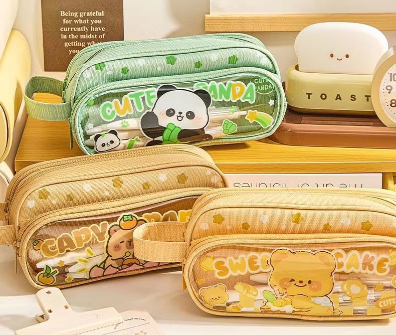 Image of Pencil Pouch with Large Capacity Cartoon Pattern Pencil Case, Aesthetic Pencil Case for Girls Multifunctional Stationery Organizer (3 Layers Cute Panda Pouch - Brown)