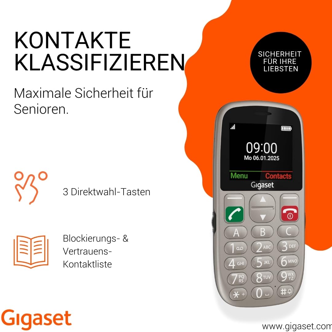 Gigaset GL395 Mobiltelefon – einfache Bedienung für Senioren, große Tasten & SOS-Notruftaste – Staub- & spritzwassergeschützt IP44 Schutzklasse – ohne Vertrag – 2,2 Zoll TFT-Farbdisplay, Titanium
