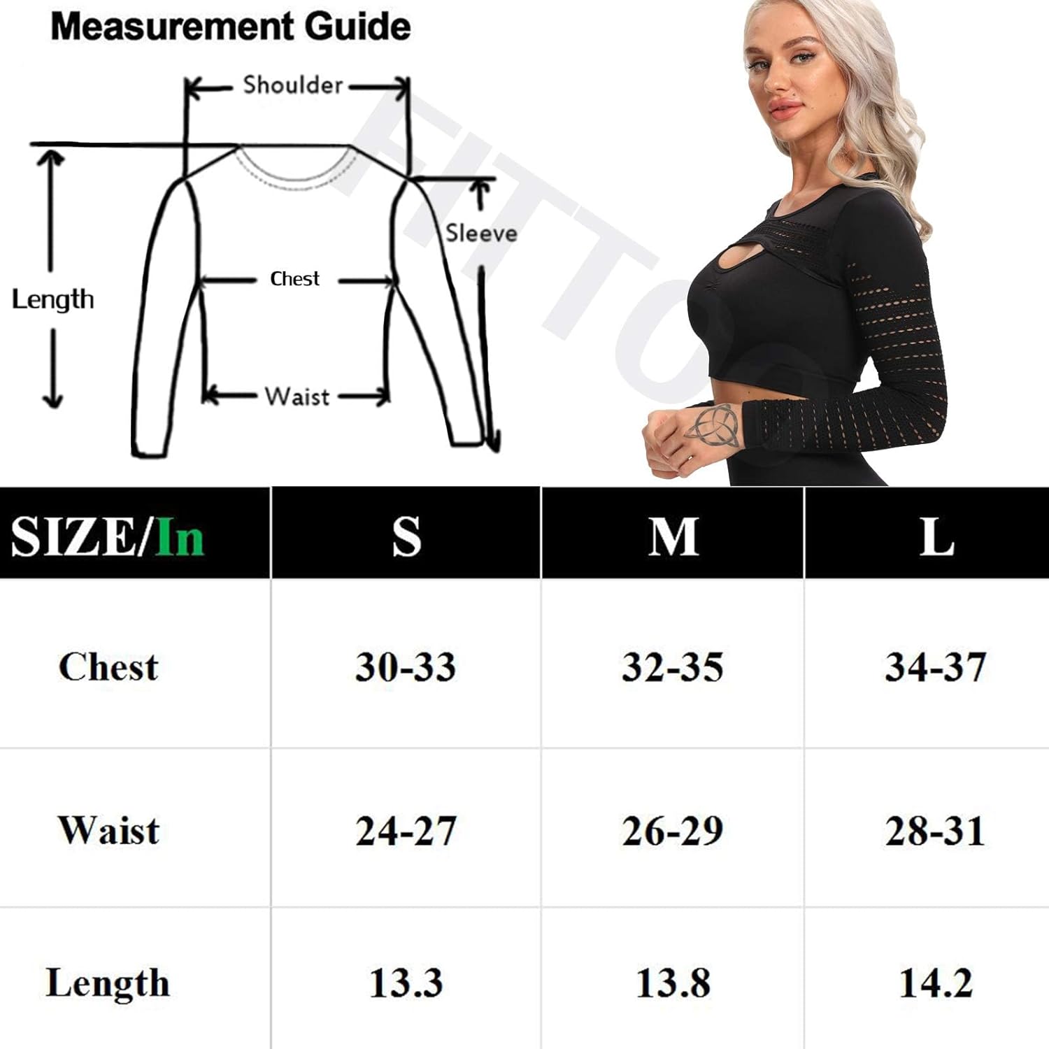 FITTOO Women's Long Sleeves Croped Workout Tops Eyelet Sports Shirts Black L - Image 5