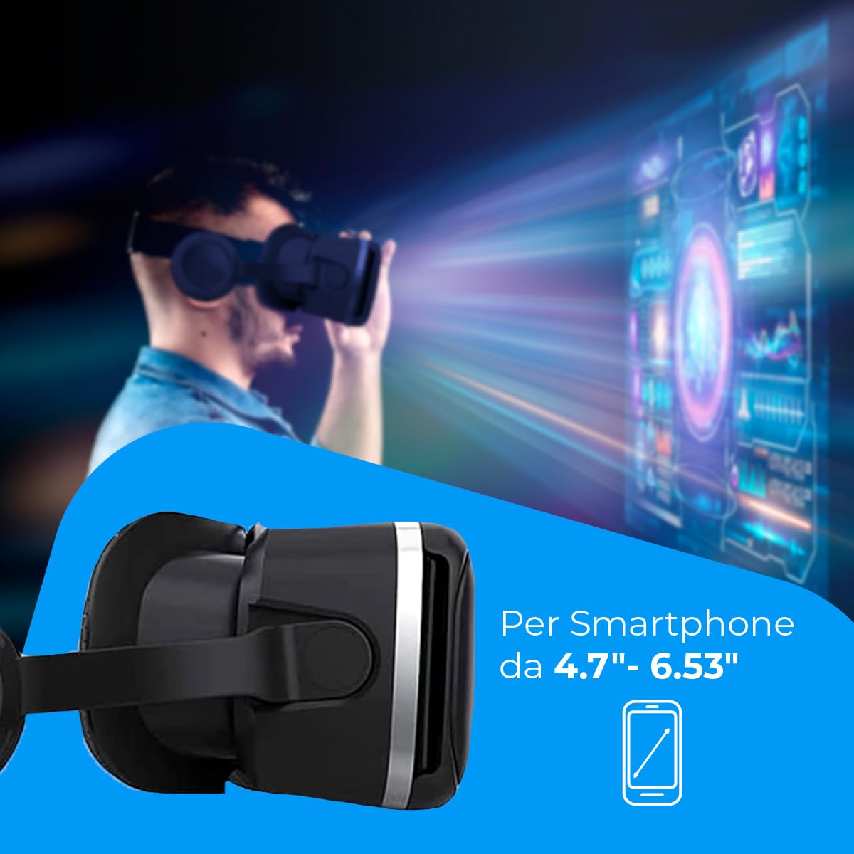 NK Occhiali 3D VR per Smartphone – Visore Intelligenti di Realtà Virtuale con Audio per Smartphone tra 4,7" - 6,53", Angolo Visione 90 - 100º, Rotazione 360°, Obiettivo e Pupilla Regolabile - Nero