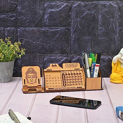 Image of GKD Wooden Desk Organizer with Lifetime Calendar, Phone Stand, Pen Holder & Buddha Design | Office Table Decor & Gift | inchNew Day New Beginning inch Quote (Bamboo Eco Friendly)