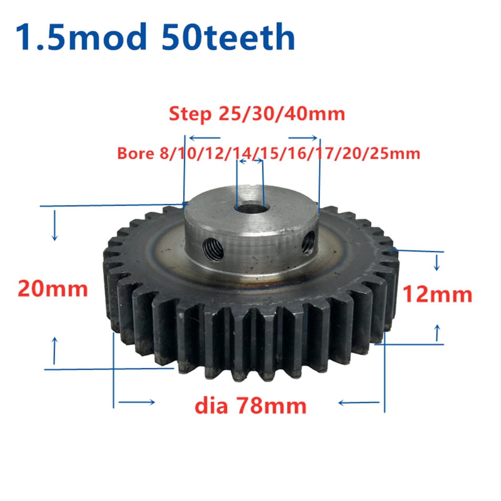 Engrenages de moteur en alliage d'aluminium, Pignon de trempe, engrenage droit, module 1.5, 50 dents, largeur 12 mm, alésage 6-25, pas 40(12mm Bore)