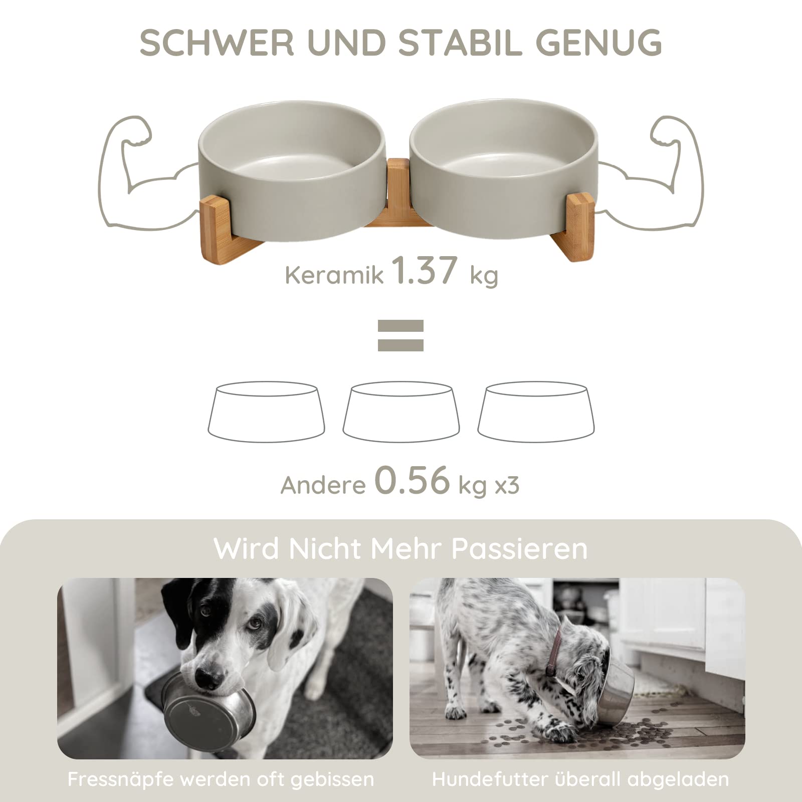 SPUNKYJUNKY Hundenapf Keramik Doppel Hund Futternapf mit Bambus Ständer für Katzen und Hunde (400ml, 2-Grau)