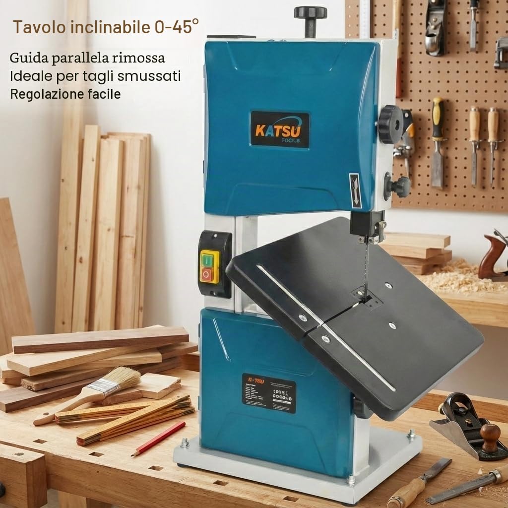 KATSU Tools Sega a nastro da banco 200 mm 350 W Sega a nastro elettrica per lavorazione del legno, tavolo da lavoro in metallo inclinabile a 45° per tagli obliqui, lama inclusa 100555