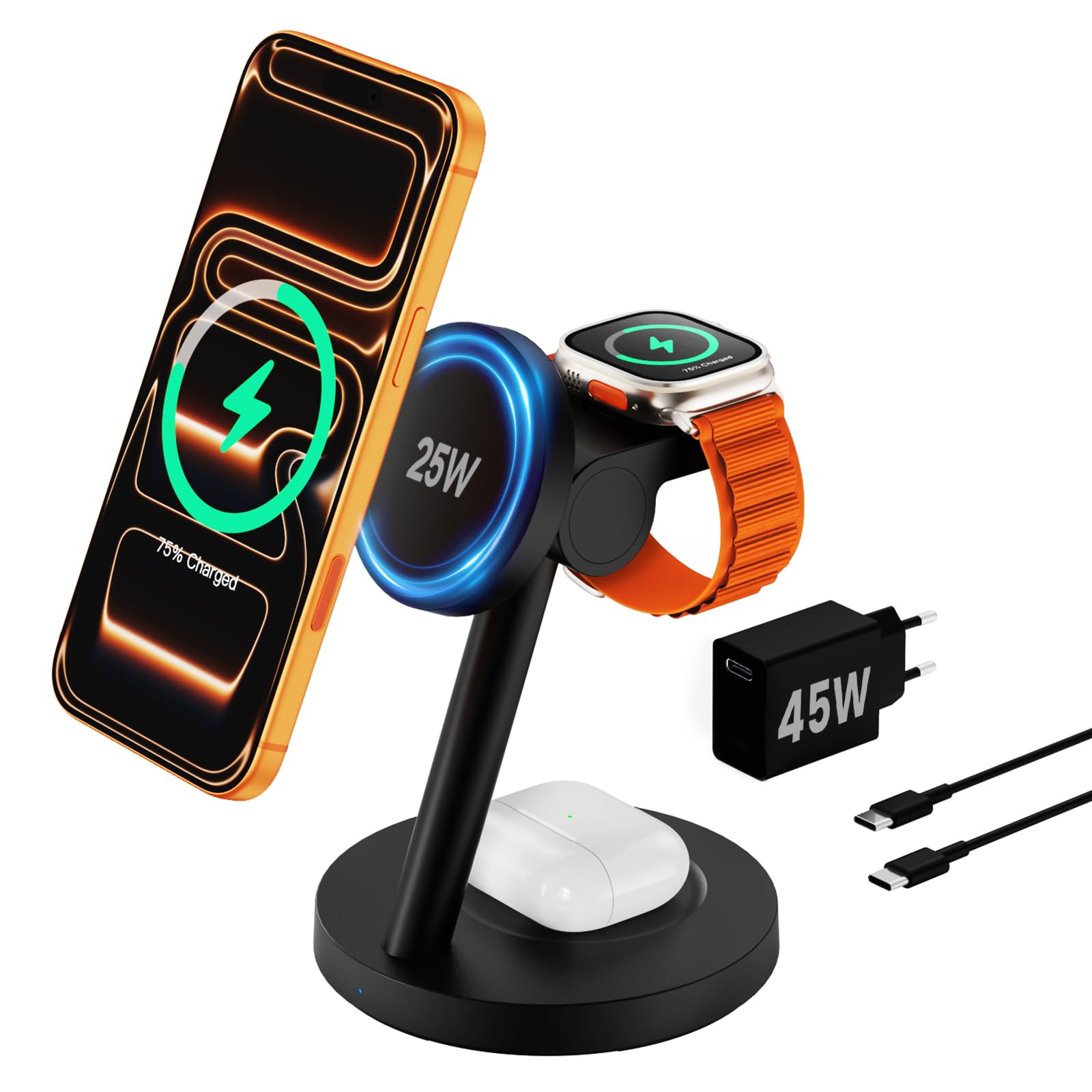 JoyGeek 25W Station magnétique 4-en-1 Compatible MagSafe pour iPhone 17/16, Module pivotant 180° pour Apple Watch et Samsung Galaxy Watch, Alimentation 45W