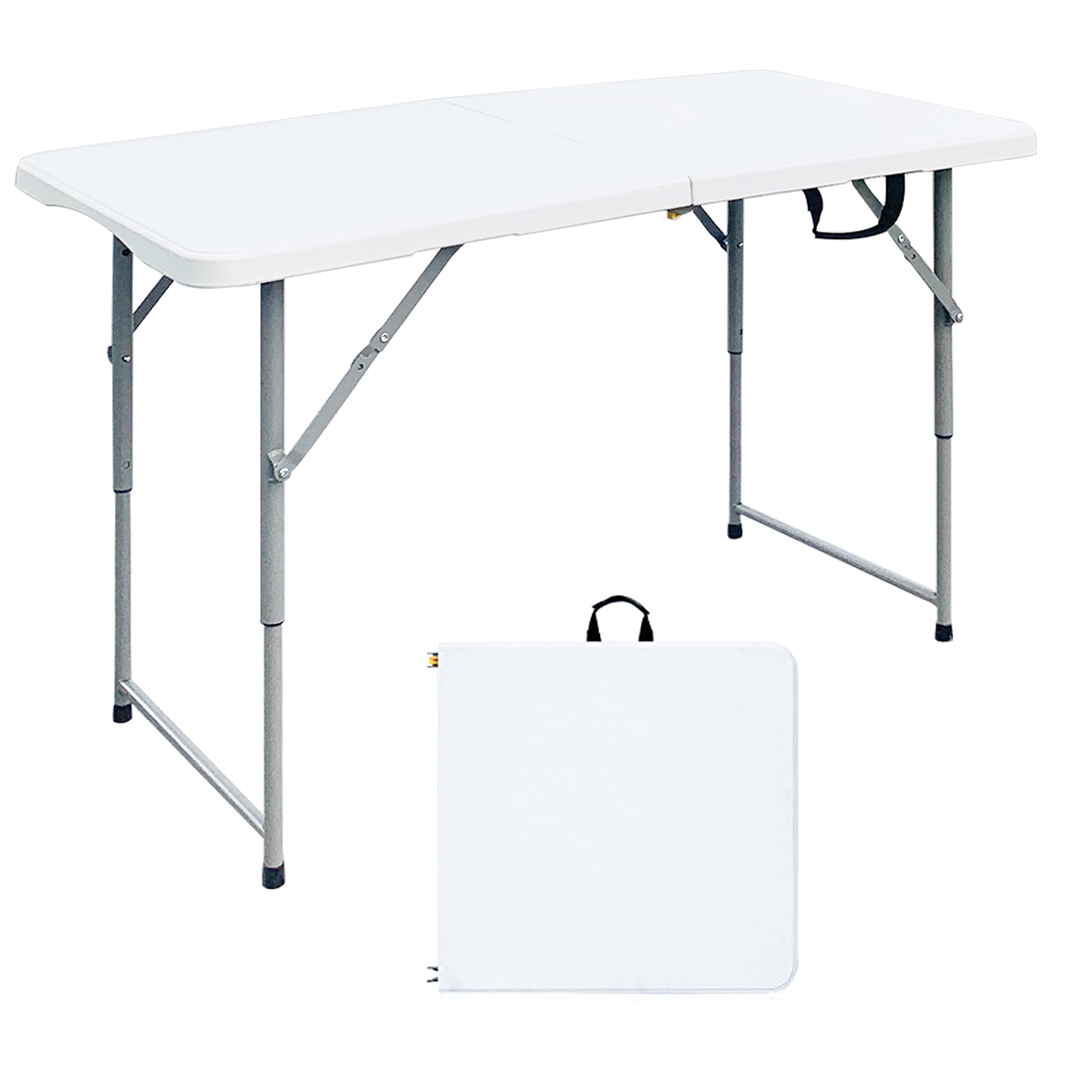 JingPieCle 4 Foot Folding Tables, 4ft Foldable Portable Desk, Small Plastic Card Table, Picnic Adjustable Height Fold up Lightweight Table for Camping Dining Party, Mesa Plegable para