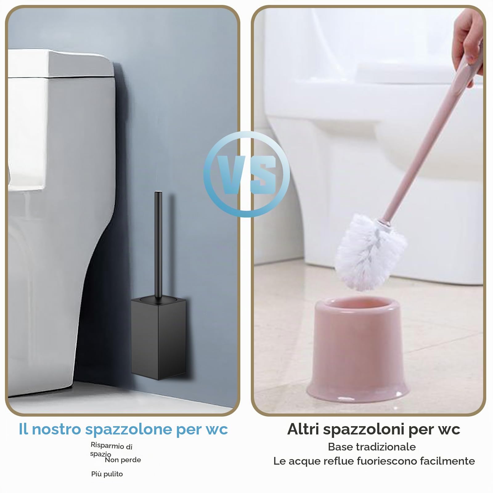 Scopino per WC con montaggio a parete, scopino in silicone e supporto, scopino quadrato in acciaio inox 304, con 2 testine (quadrate nero)