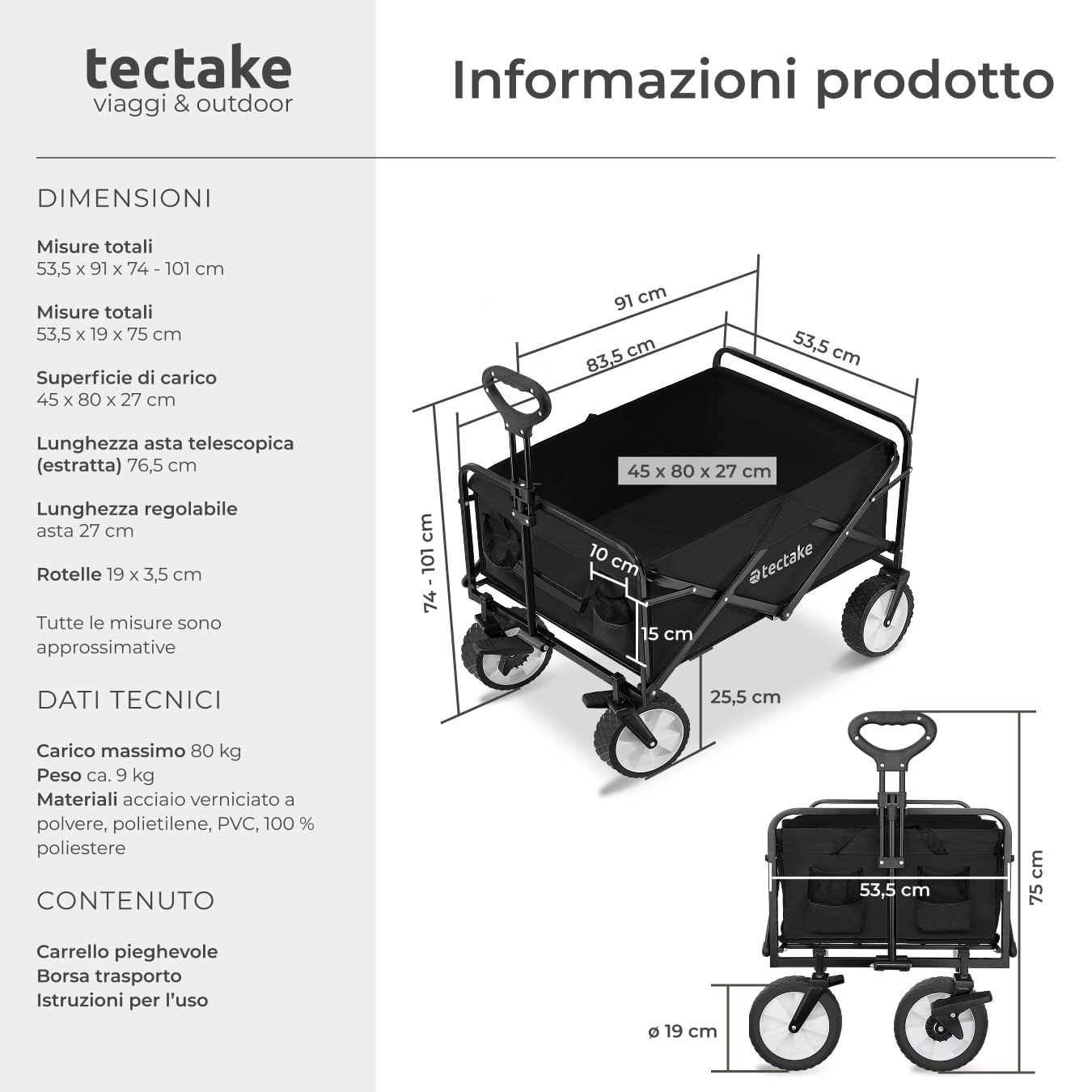 tectake® Carrello Pieghevole Leon, con Freni, Maniglia Telescopica, Carrello con Ruote Portatutto da Giardino, Carro Portaoggetti - Nero/Nero