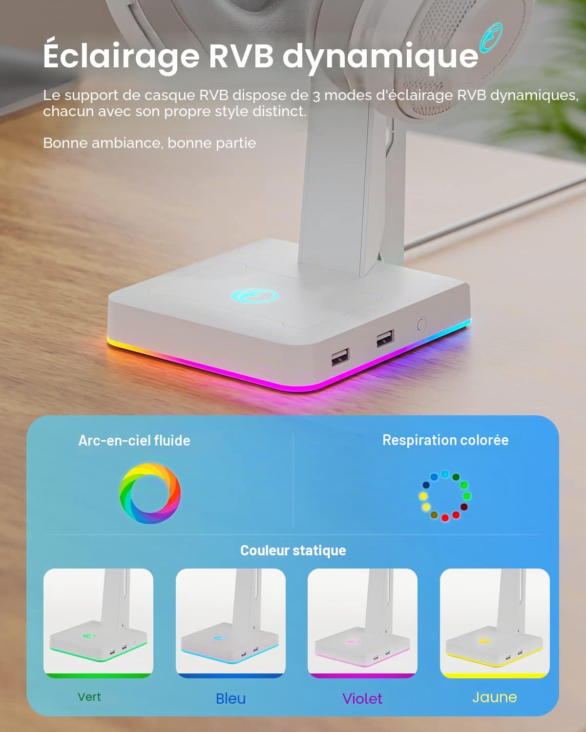 Support de casque de jeu RVB avec 2 ports USB, support de casque de jeu pour PC, Xbox One, PS4, commutateur, support pour écouteurs, idéal pour les stations de jeu, accessoires de bureau