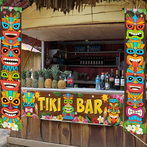 Tiki Banner Luau Cubierta de puerta 3 piezas hawaianas Luau suministros de decoración de fiesta Tiki Totem Banner cartel de porche para Aloha Hawaii Luau Tropical Moana Cumpleaños Carnaval Fiesta