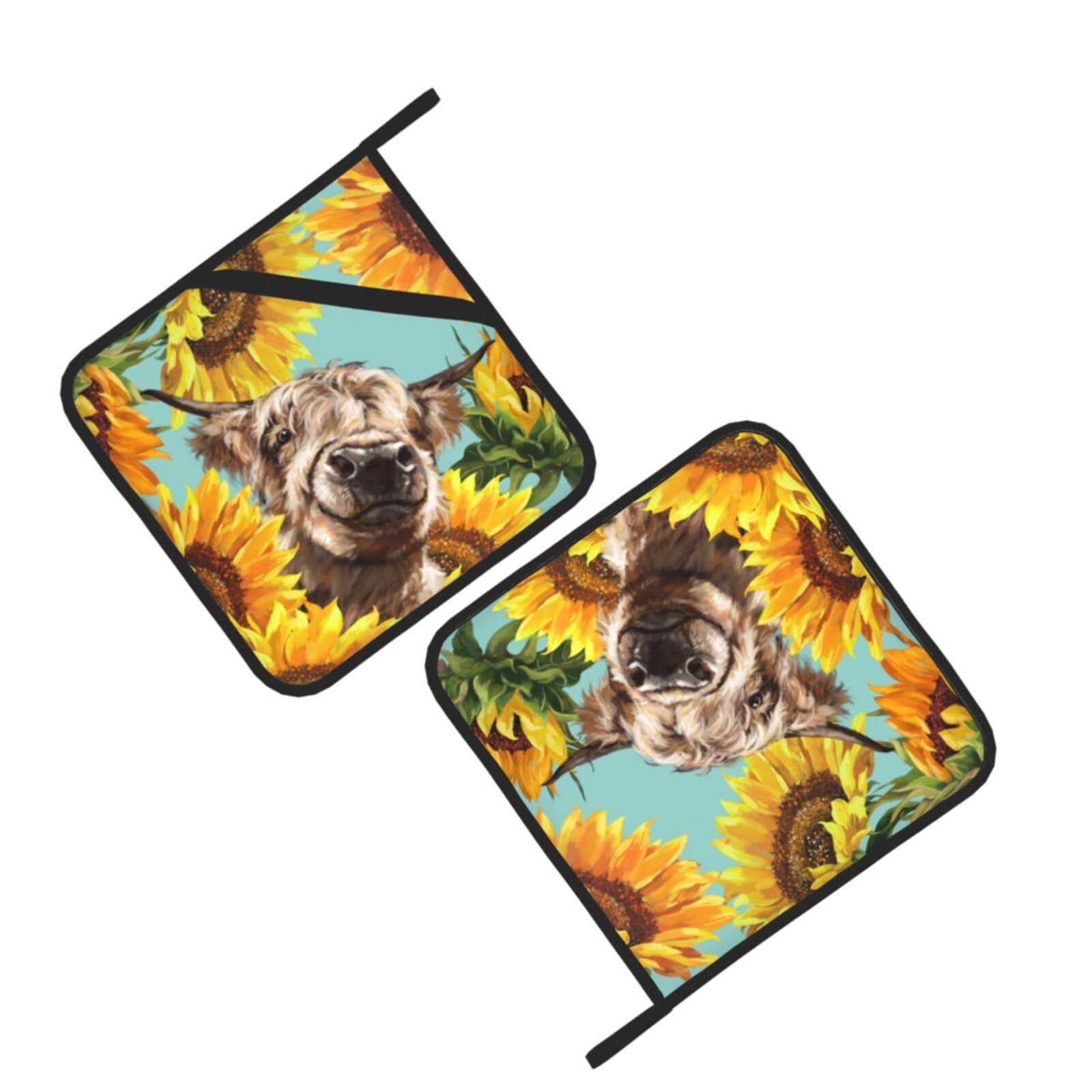 Cow with Sunflowers in Blue Printed Oven Pot Holders Set of 2 Pcs Heat Resistant Kitchen Microwave Potholders for Cooking Baking Grilling