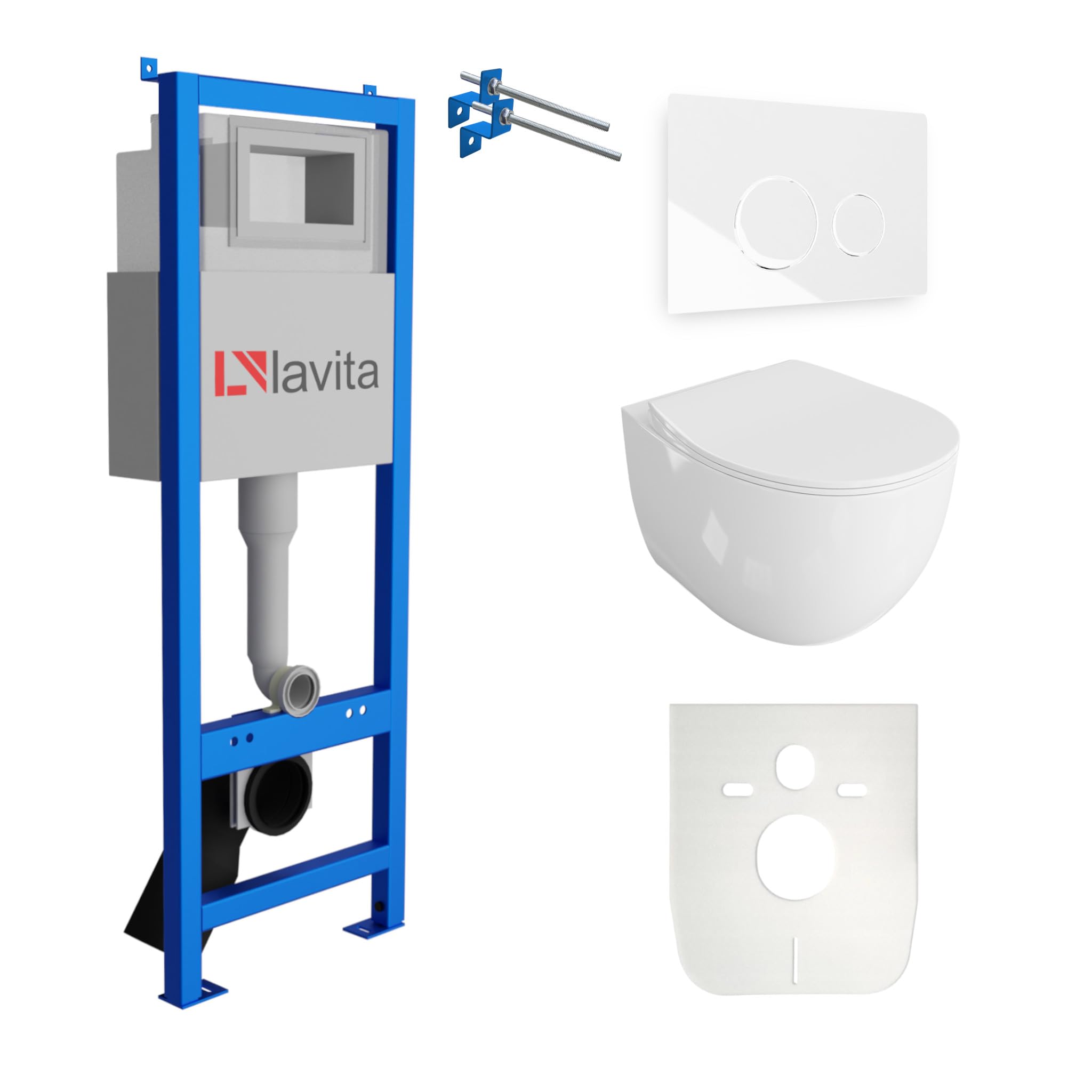 Lavita LAV 101 Vorwandelement für WC 40cm + Wand Hänge Tiefspül WC MONDO Weiß Spülrandlos + Bedienplatte LAV 200.4.1 Weiß | Komplettset | Unterputz Spülkasten | Toilette Komplett Sett