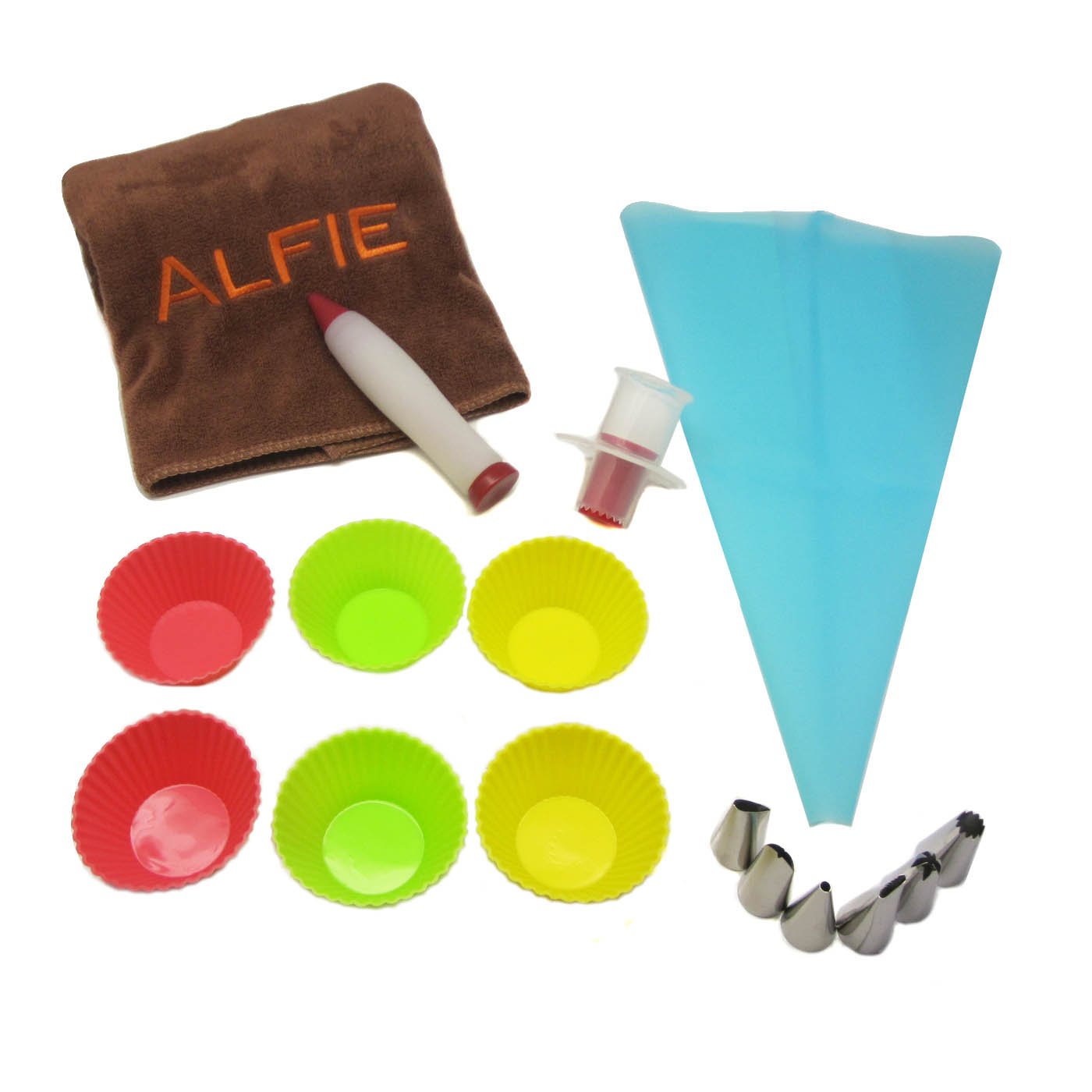 Alfie Home - Winci Silicone Non-stick Small Cup Cake Mold with Pastry Bag, Decoarting Pen and Tool, Microfiber Fast-Dry Towel 16-Pieces Kit Set - Bug, Butterfly and Bee Shape