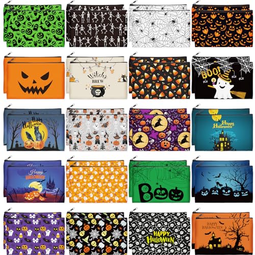 Abbylike 40 Pcs Halloween Makeup Bags Bulk, Zipper Cosmetic Pouches with Pumpkin Ghost Bat Witch Patterns Spooky Goodie Bags Gift for Women Party Gift Favors Travel Toiletry Storage