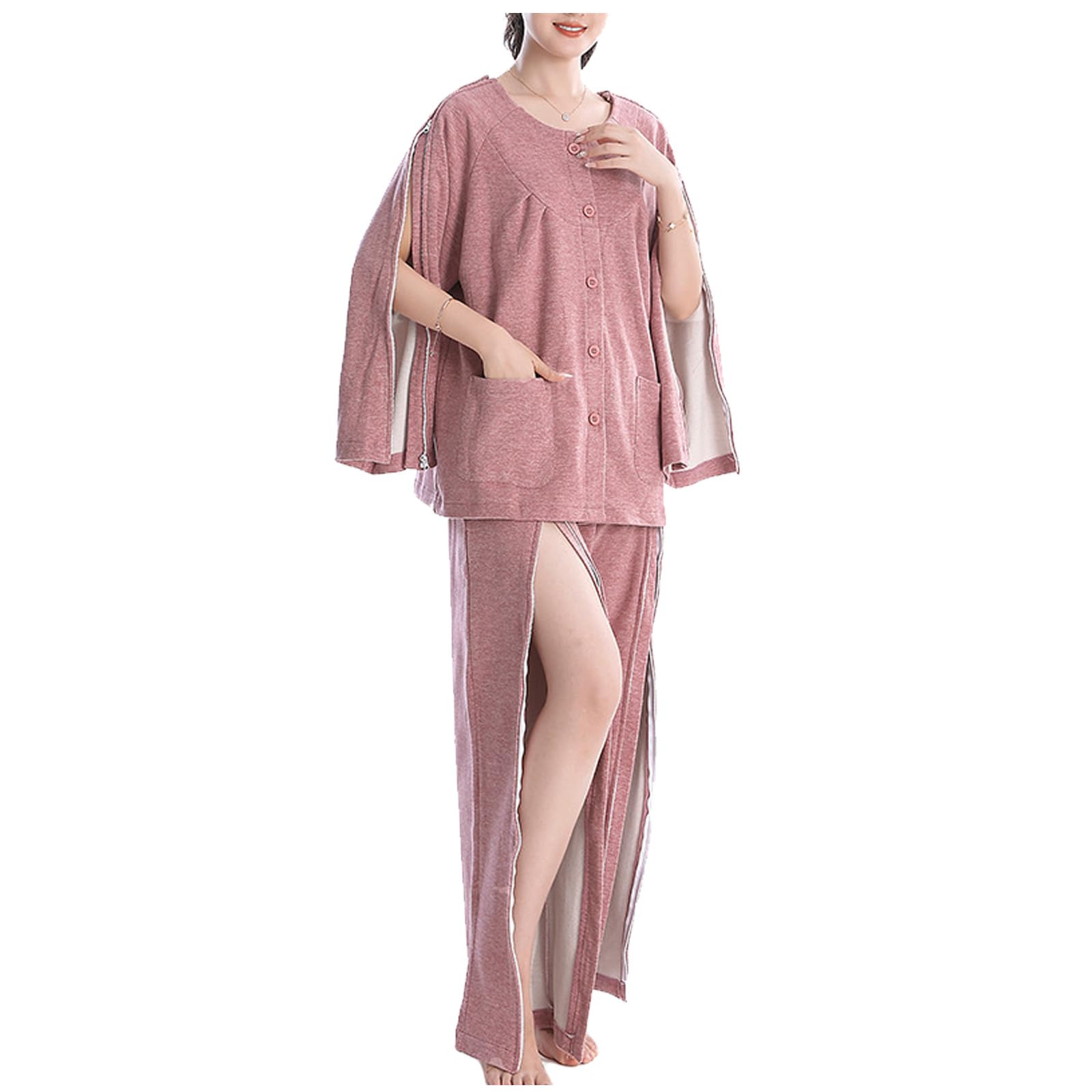 Bedridden Patient Kleidung, Pflege Frauen Krankenhaus Kleid Weiches Patienten Kleid, Fraktur Wiederherstellung Anzug Krankenhaus Pyjamas,Rosa,XXL