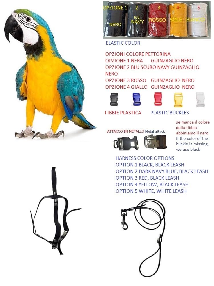 PETTORINA Ararauna Nastro Elastico 15mm Nero Con 2 Attacchi Acciaio o Plastica Sganciabili e Regolabili Con Guinzaglio di 100 cm per Ara Macao o Altro Grande Pappagallo