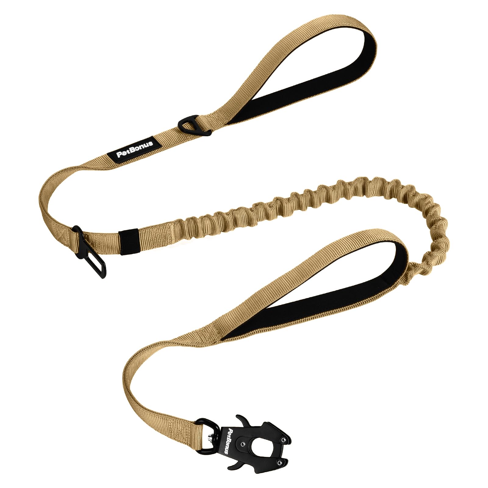 PetBonus Heavy Duty Tactical Dog Lead, 150 cm Bungee Shock Absorption Lead with 2 Padded Handles, Quick Release Metal Clip, Car Seatbelt, No Pull Training Leash for Large Medium Dogs（Khaki）