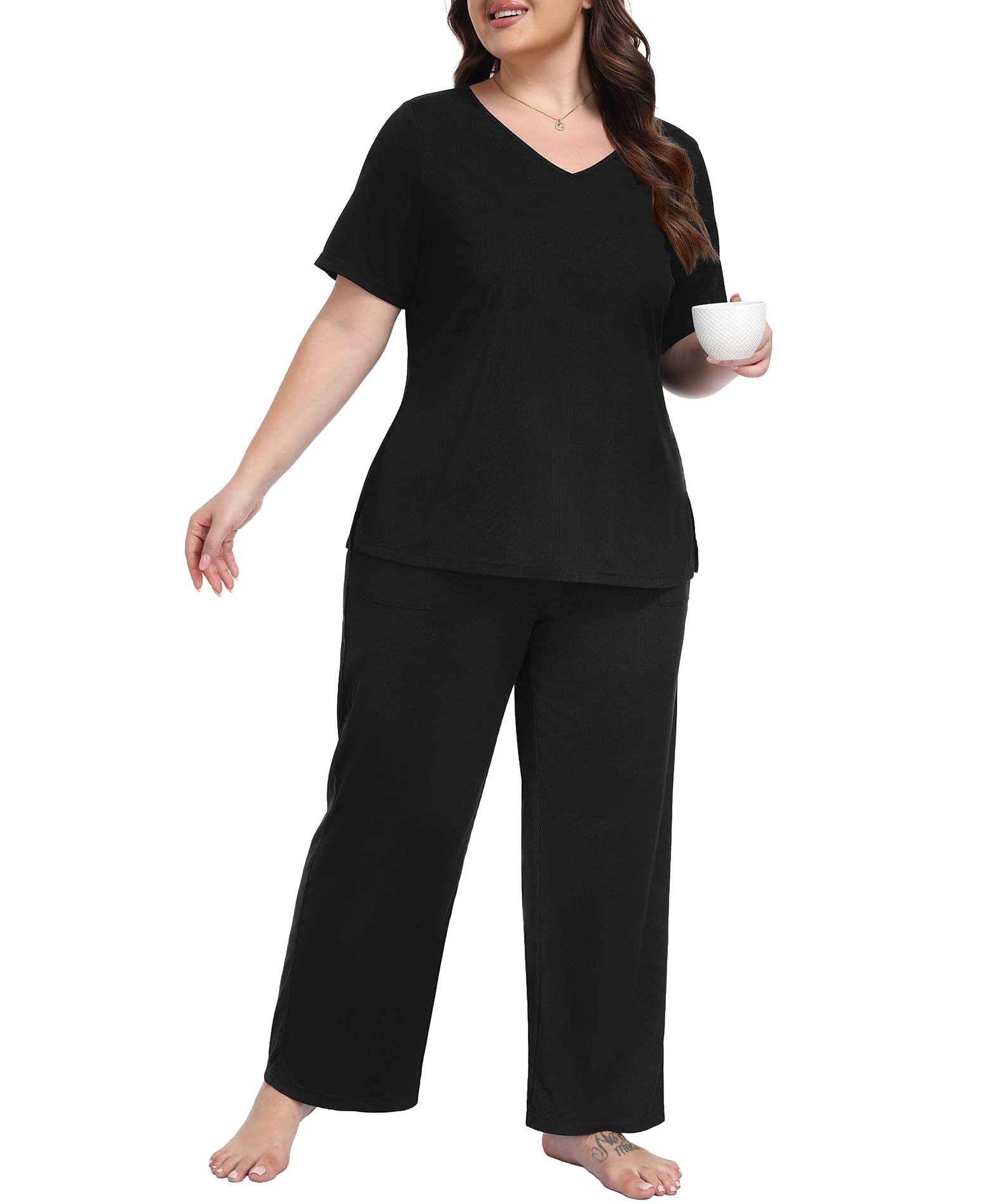 ZHUHOUSE Women's Plus Size 2 Piece Pajama Lounge Sets Short Sleeve