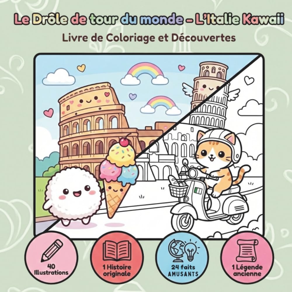 Le Drôle de Tour du Monde : L'Italie Kawaii - Livre de Coloriage "Bold & Easy": 40 dessins à traits épais avec faits amusants, histoires et découvertes pour tous