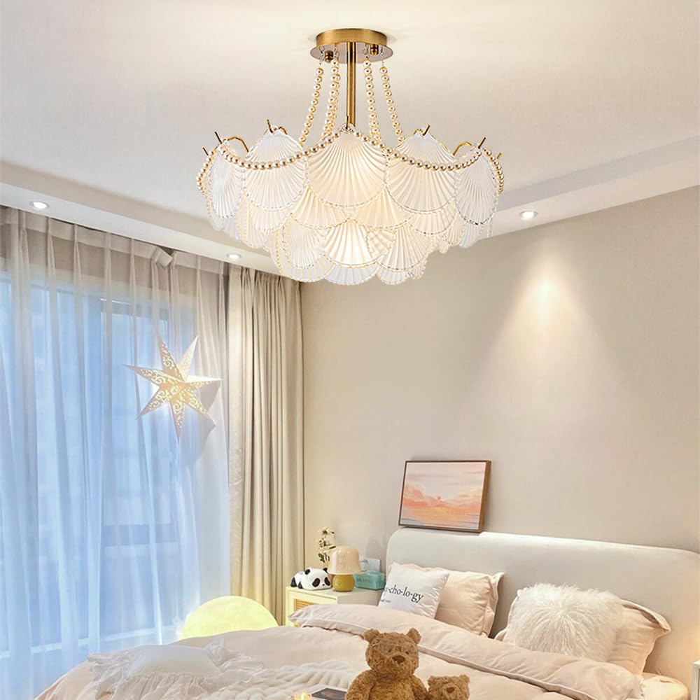 Lámpara de araña de Cristal Esmerilado Dorado de 20" - Diseño Art Déco de Perlas y Conchas Marinas, lámpara de Techo semiempotrada Grande de 4 Niveles, Estilo nórdico Moderno, Colgante para