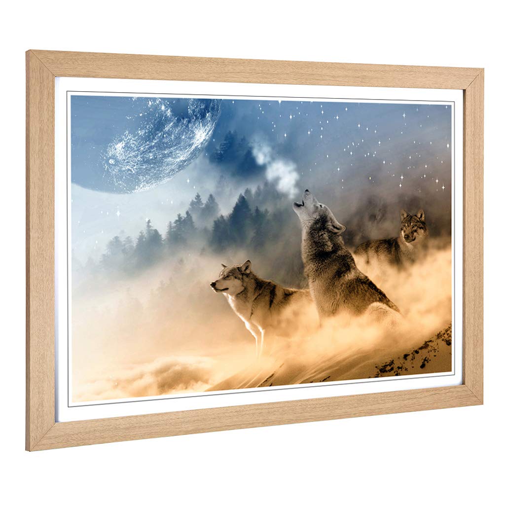 Big Box Art Framed Print of Wolves Howling at The Moon Forest Landscape Design | Wall Art Picture | Home Decor for Kitchen, Living Room, Bedroom, Hallway, Oak, A2 / 24.5x18 Inch / 62x45cm