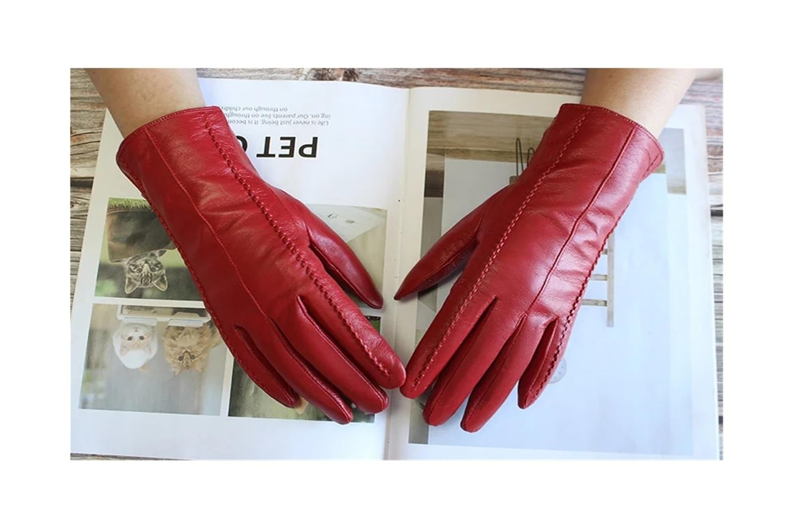Guanti in pelle di colore caldo da donna, alla moda, a righe, fodera in velluto, per motociclismo e guida