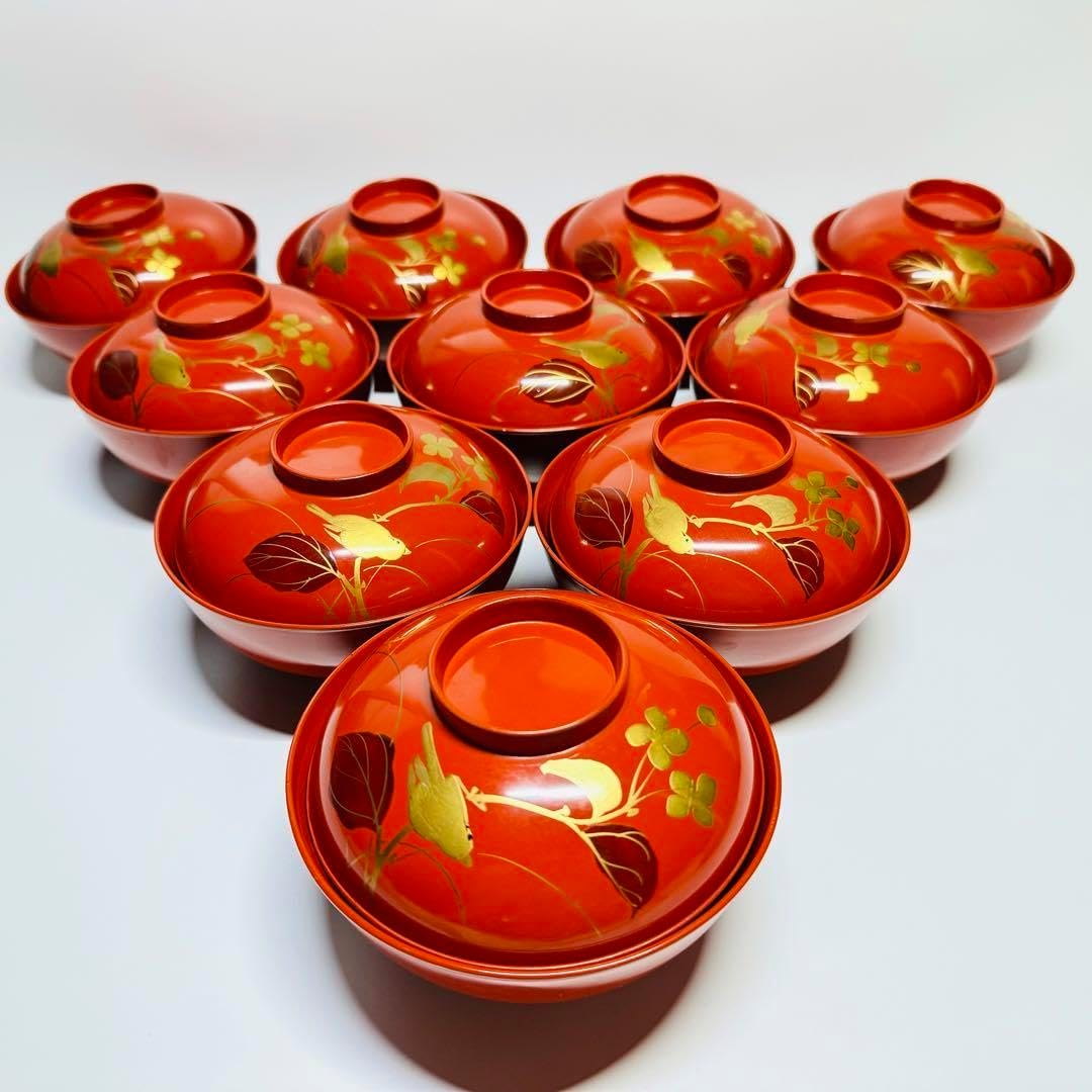 漆器輪島塗金蒔絵鳥花絵木製朱蓋付椀お煮物椀吸物椀10客骨董品