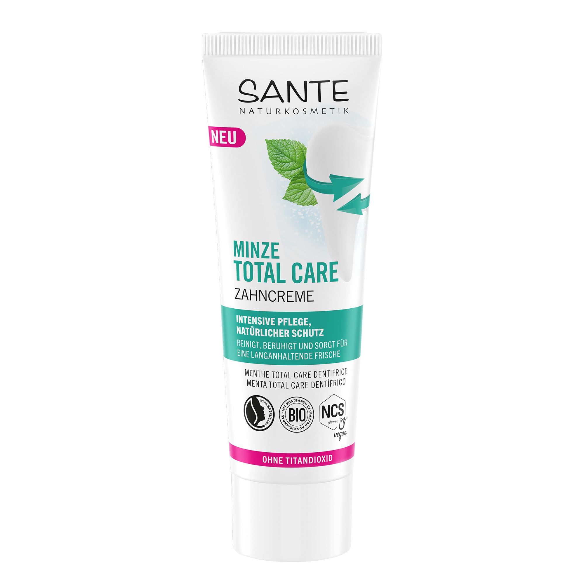 SANTE Naturkosmetik Minze Total Care Zahncreme - 75 ml - Zahnpasta mit Natrium-Fluorid, Xylit & Bio-Salbei - vegan & ohne Titandioxid - intensive Pflege & Schutz für Zähne & Zahnfleisch