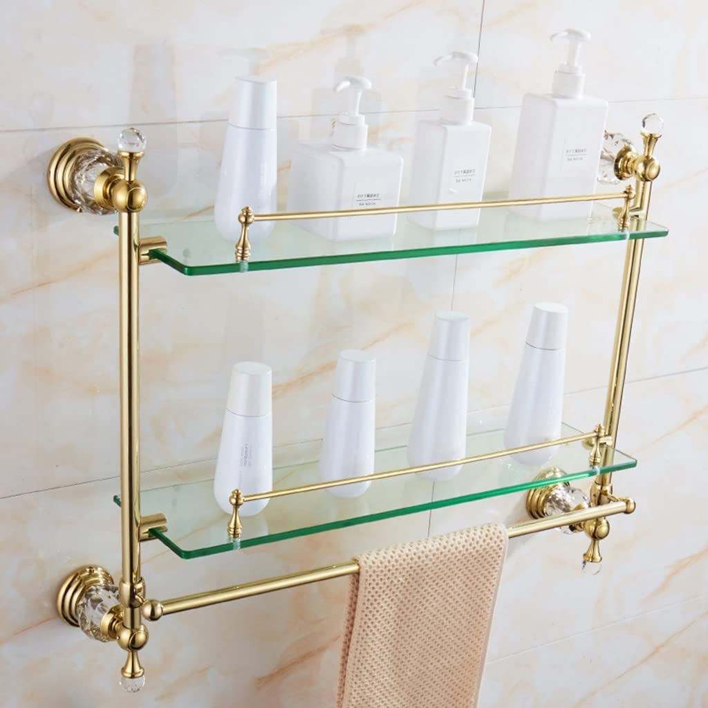 Mensola da bagno in vetro temperato color oro trasparente con barra portasciugamani a 12 strati da parete per doccia, elegante design rettangolare, supporta 9,1 kg, 50 x 16 cm, perfetta per