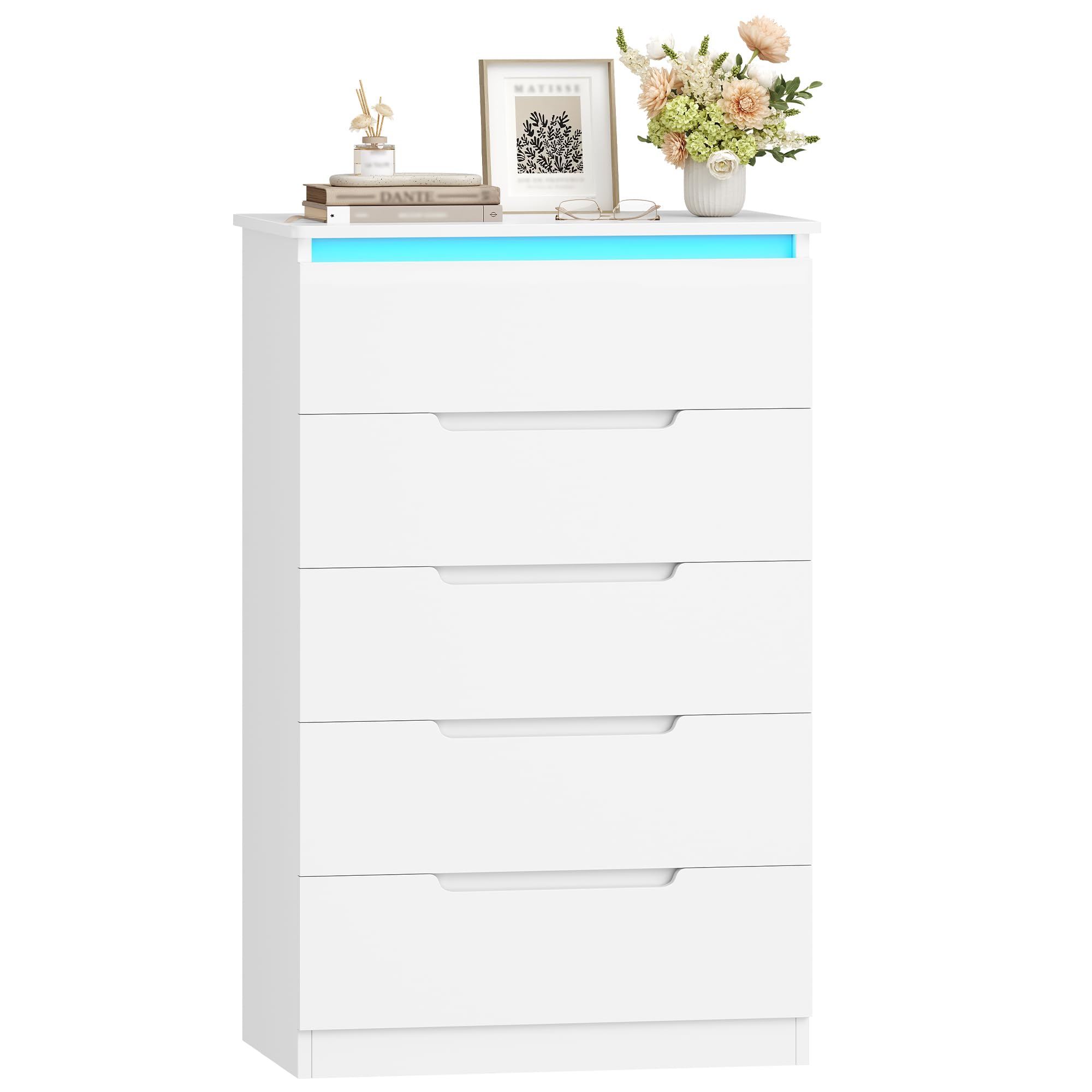 Hzuaneri Cómoda 5 Cajones, Cajonera Dormitorio, Armario Auxiliar con Tira de luz LED, Cómoda Dormitorio, Estilo Moderno, para Salón, Dormitorios, Pasillo, 40 x 60 x 103 cm, Blanco DC01503XEU