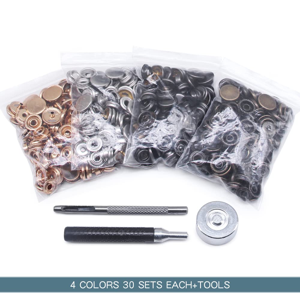 120 Corchetes Presión Metálicos 12mm + Herramientas - 4 Colores, Para Ropa, Cuero, Manualidades