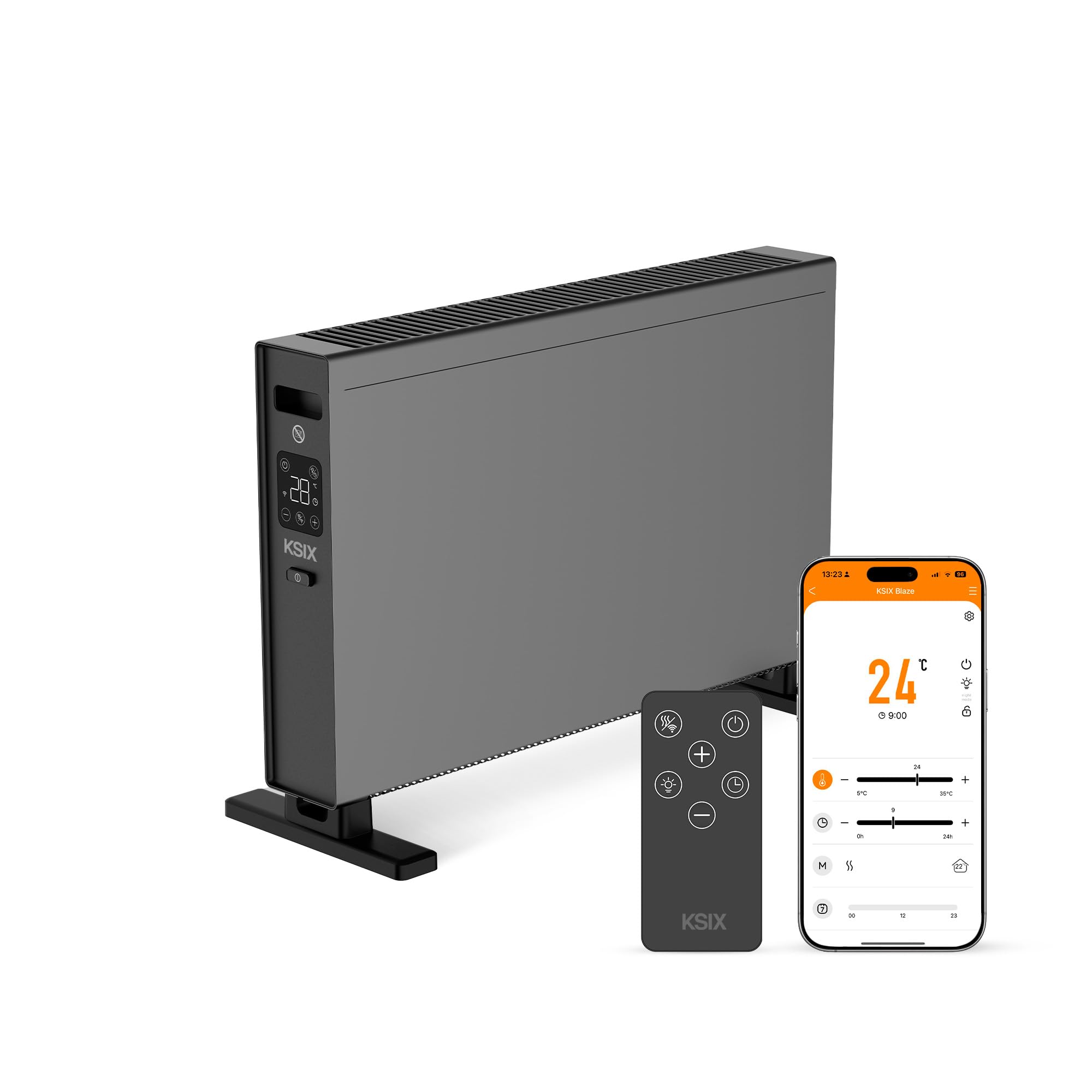 KSIX Blaze Calefactor eléctrico de convección inteligente 2000W, Pantalla LED táctil, 2 modos, App Tuya, Control remoto, Negro