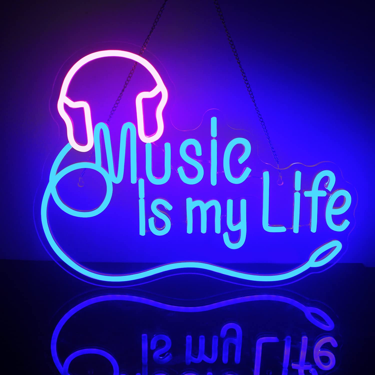 Looklight Music Is My Life Neonowy znak świetlny do dekoracji ścian, możliwość przyciemniania, różowe, niebieskie neonowe znaki LED ze słuchawkami do sypialni, studia muzycznego, klubu barowego i