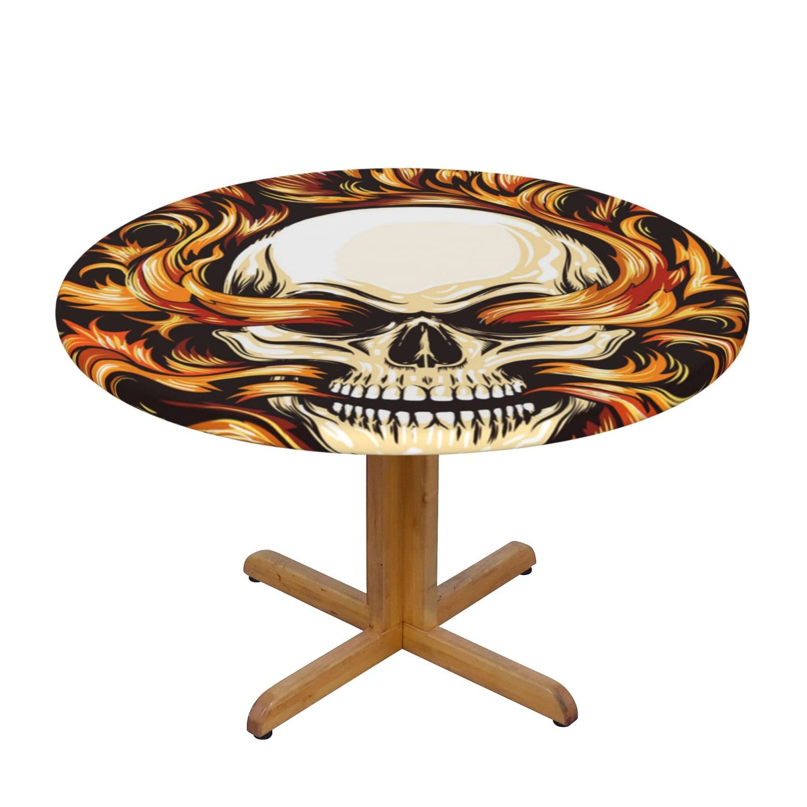 Lsjuee Round Fitted Tablecloth 40-44in Elastic Edged Table Cloth for Kitchen Dining Party Home Decor - Skulls Death Fire Burning Black