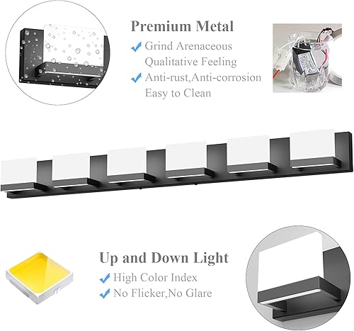 Miniatura 5 de Tipace - 6 Lámparas de tocador, modernas, de color negro mate, con luz led arriba y abajo, para colocarlas sobre el espejo del tocador del baño, de