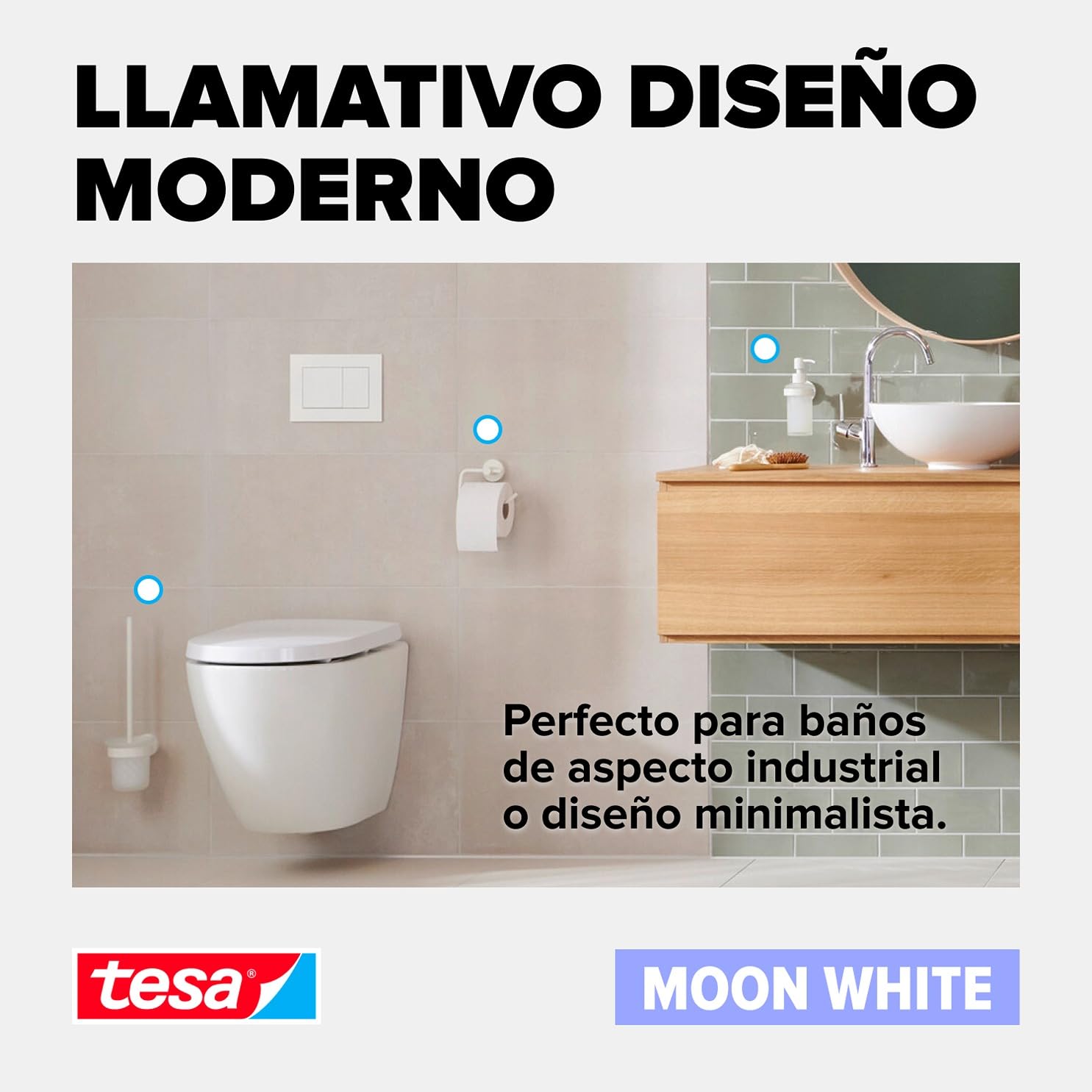 tesa® Moon White Escobillero de Baño - Juego de Escobillero y Vaso de Cristal Satinado de Estilo Moderno - Sin Taladro - 379 mm x 112 mm x 145 mm - Blanco Mate