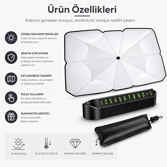 Orret Home Umbrella Shaphade Auto Sunshade and Auto Numbering Set – Car Sunshade، Car Windshield Sunshade، Car Sunshade، Sunscreen with Numbering Gift (140x79 cm)
