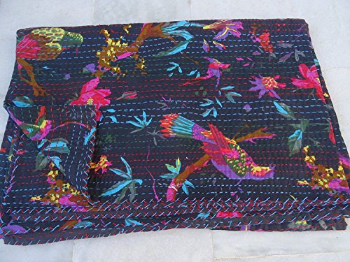 Sophia-Art Handmade Bird Printed Kantha Quilt, Twin Size Kantha Bedding, Indian Cotton Bedspread, Bohemian Kantha Throw, Floral Bed Cover