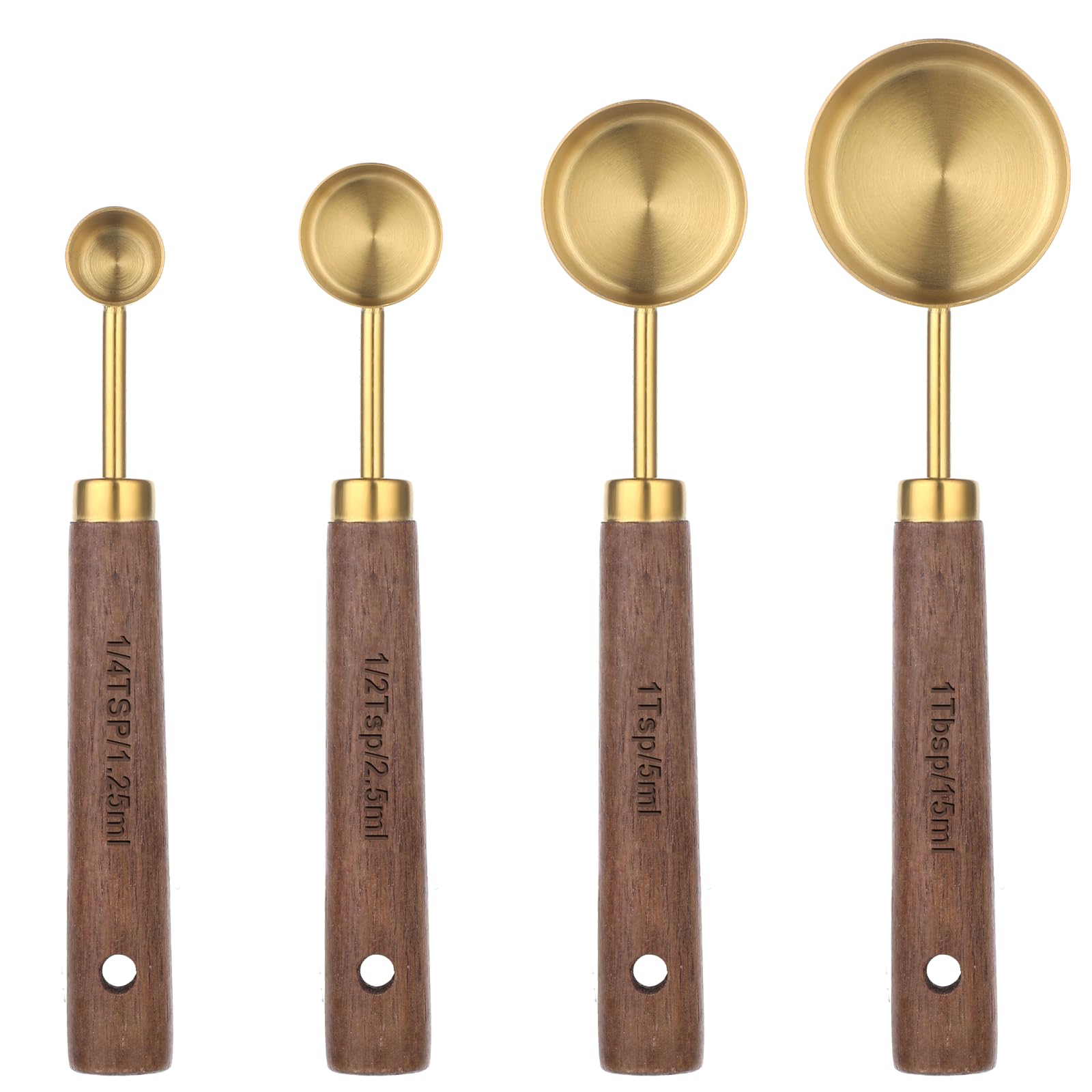 JJUNW 4 Stück Messlöffel Set, Edelstahl Teelöffel Messlöffel mit Holzgriff Mini Löffel Gewürzlöffel, 1/4 TSP, 1/2 TSP, 1 TSP, 1 TBSP Messlöffel zum Backen von Speisen