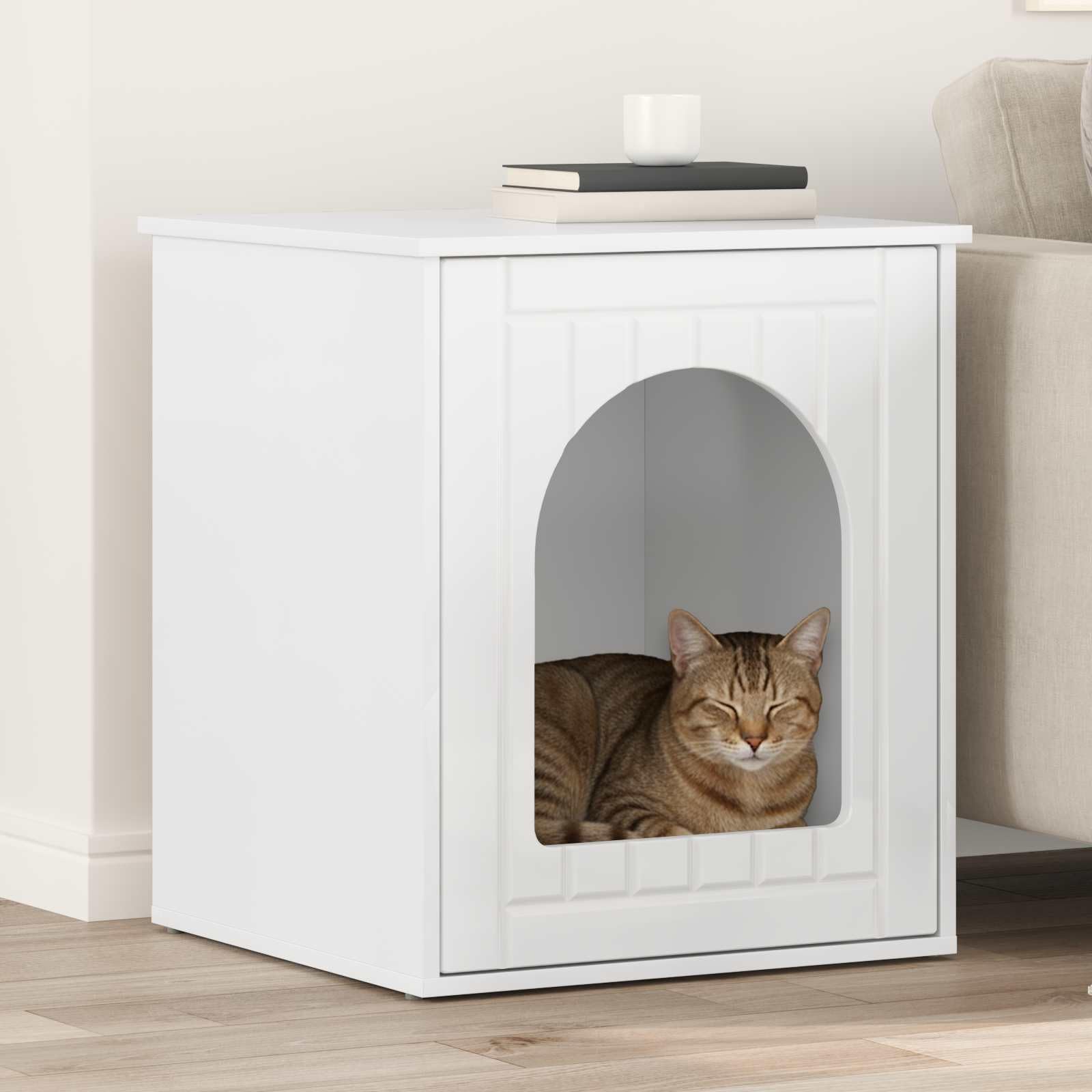 Katzenhaus glänzend Weiß aus Holzwerkstoff 53 x 52 x 62 cm stabiles Katzenmöbel mit Höhle Kratzbrett und Liegefläche ideal für Indoor Wohnung und Krallenpflege
