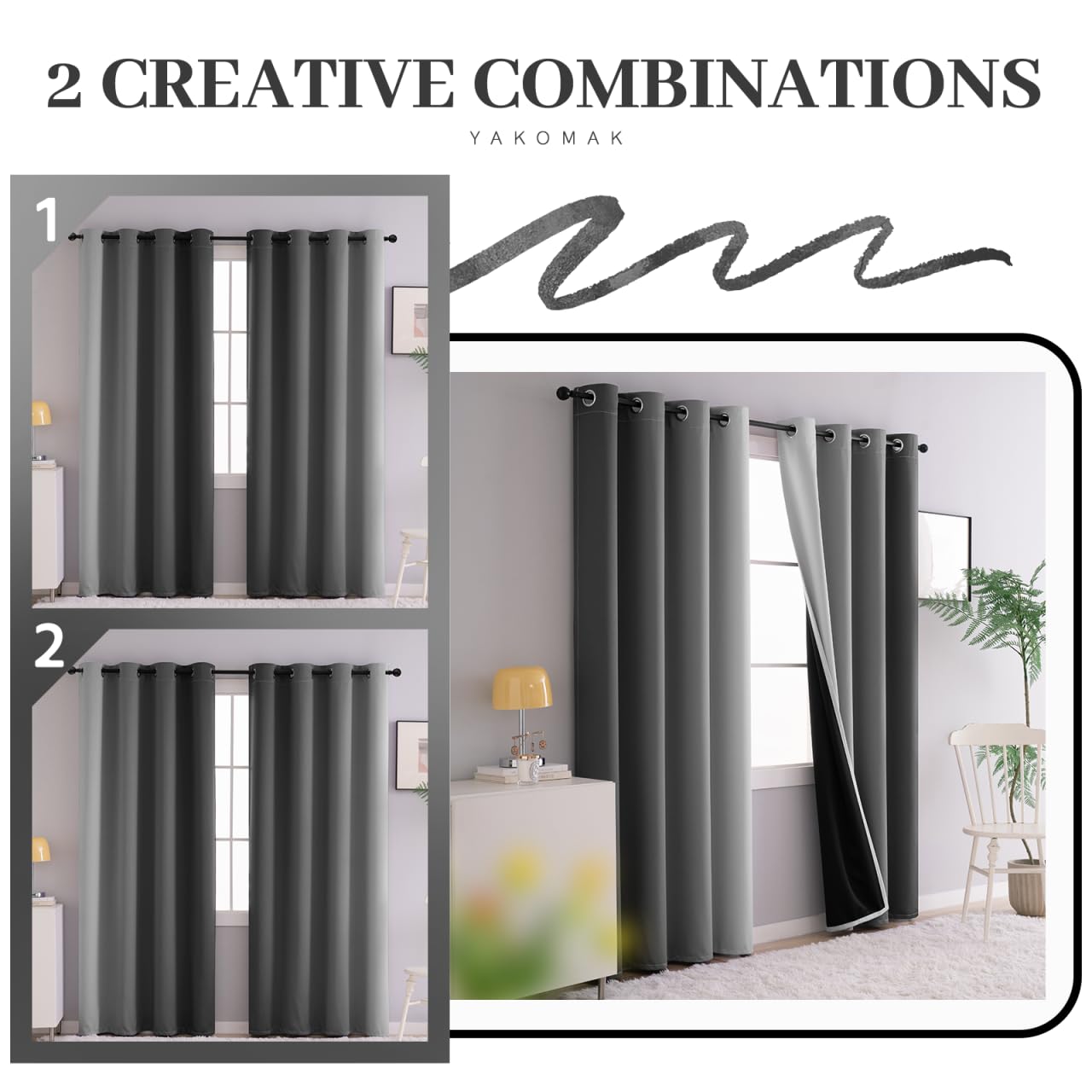 Yakamok 100% Blackout Curtains for Bedroom,Grey Ombre Room Darkening Drapes for Living Room Grommet Window Panels 72 inches Long,Thermal Insulated Curtains & Drapes,2 Panels,52x72 inch - Image 2