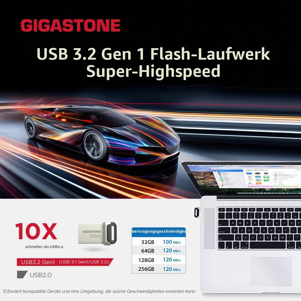 GIGASTONE 256GB Nano Flash-Laufwerk, Z90 USB 3.2 Gen 1, 120MB/s UltraSchnell, Mini, Metalldesign, Daten­speicherung, Backup für PC/Mac/TV/Auto, USB 2.0/3.0/3.1 Kompatibel