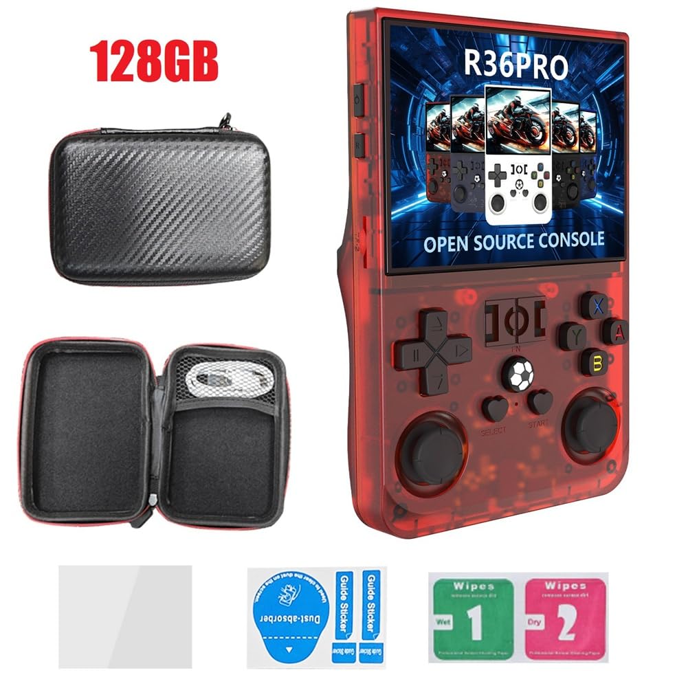 Sirxlevcy Consola de Juegos Retro Portátil R36PRO de 128 GB y Pantalla HD de 3,5 Pulgadas, Reproductor de Vídeo Portátil de Bolsillo Compatible con para Más de 30 Emuladores e