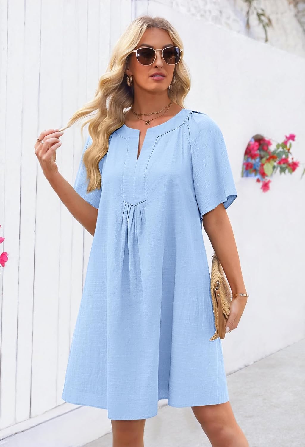 MEROKEETY Women's Summer Casual Shift Dresses Beach Vacation Short Sleeve V Neck Spring Mini Dress - Image 2
