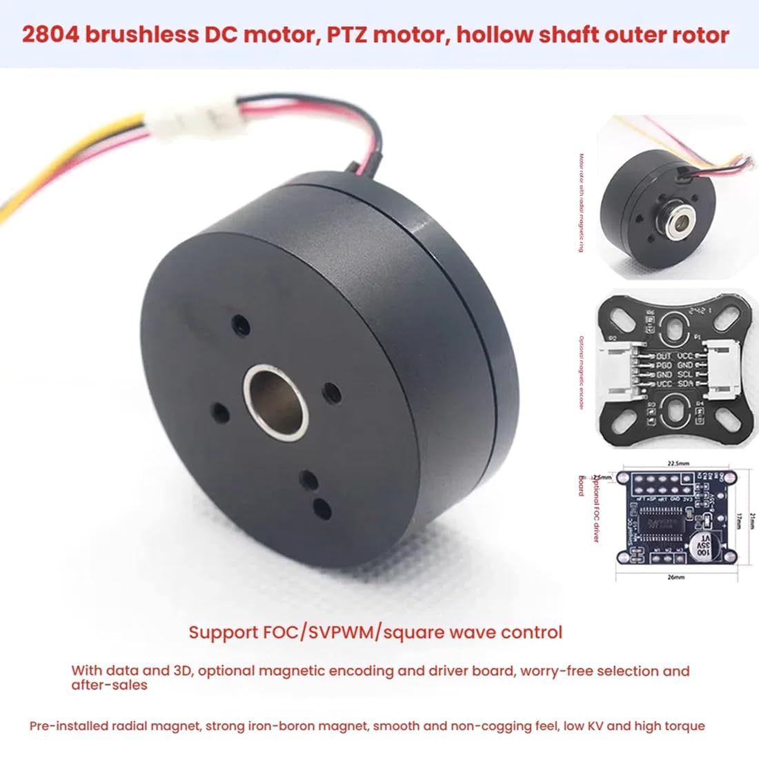 SimpleFOC Mini Simplefocmini Treiberplatine 2804 Außenläufer BLDC Motor Kit mit AS5600 Magnetencoder, Neodym-Magnet Hohl