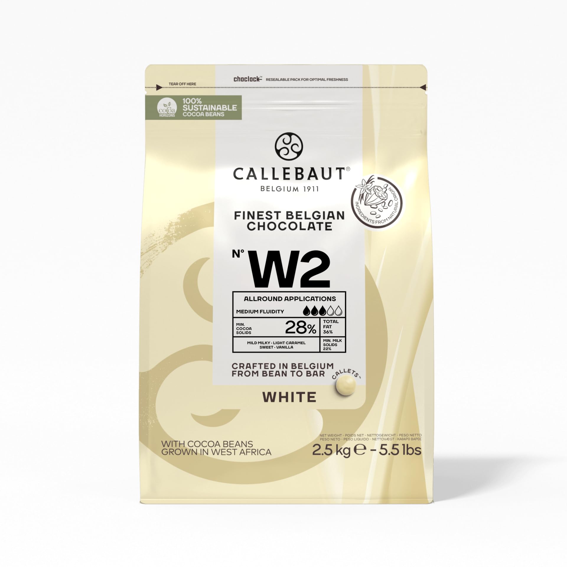 Recipe No. W2 Finest Belgian White Chocolate With 28% Cacao, 22% Milk, 5.51 Pound